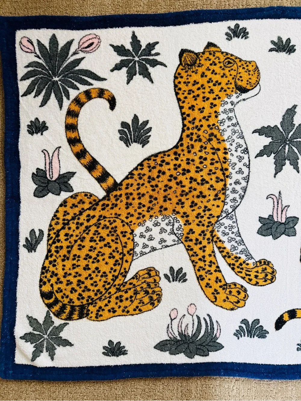 Vintage Hermes Les Leopards Cotton Terry Beach Towel Navy White GM Drap Plage